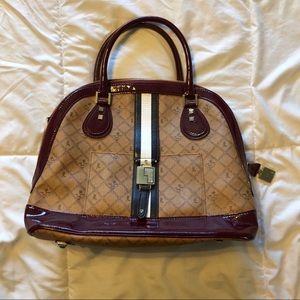 Tan and burgundy LAMB Bowler Handbag
